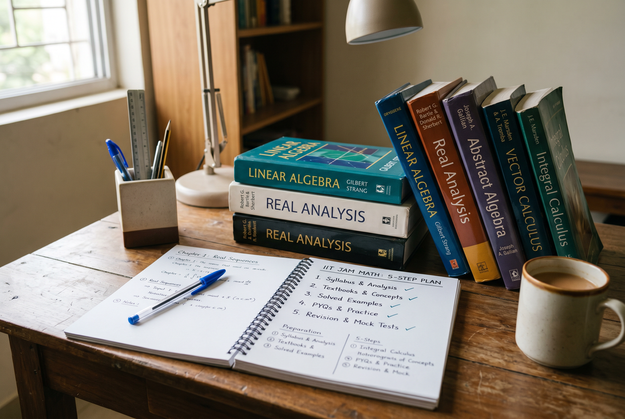 A study planner and standard mathematics textbooks on a desk.