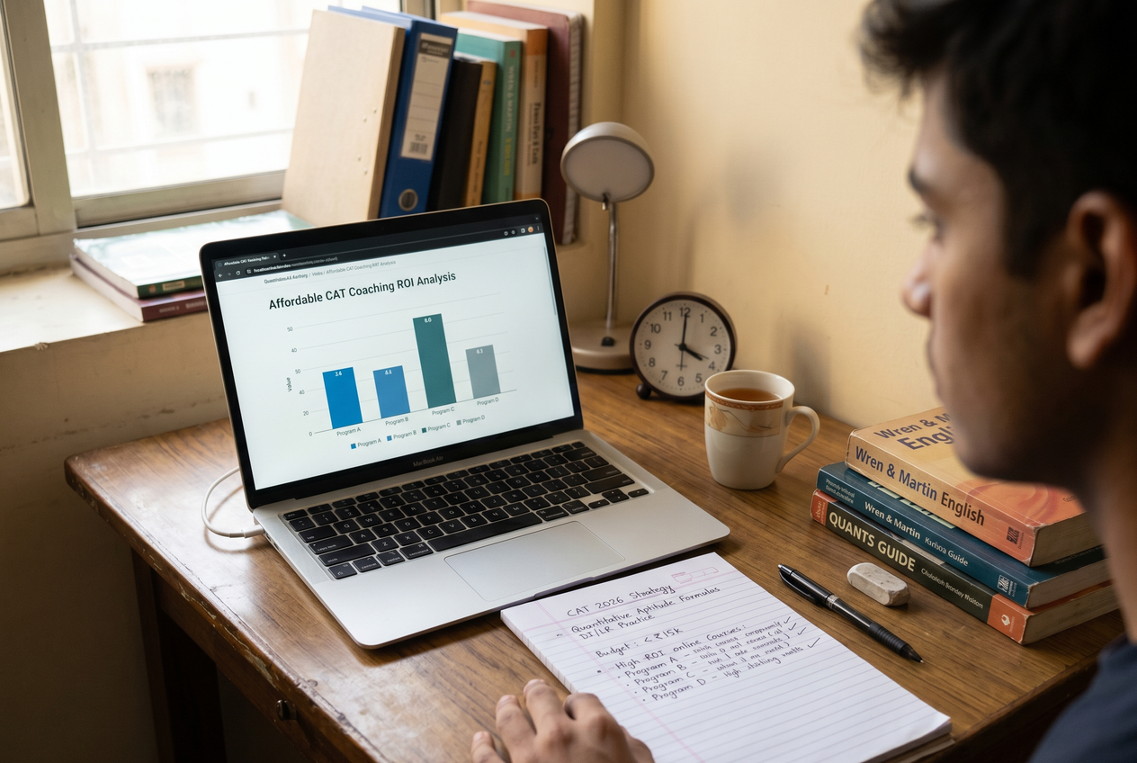 A desk view showing a laptop displaying simple bar charts alongside a notepad.