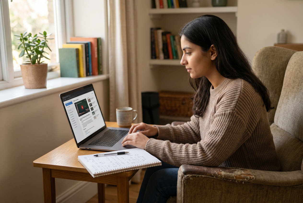 A person sitting comfortably in a living room armchair, focused on a laptop.