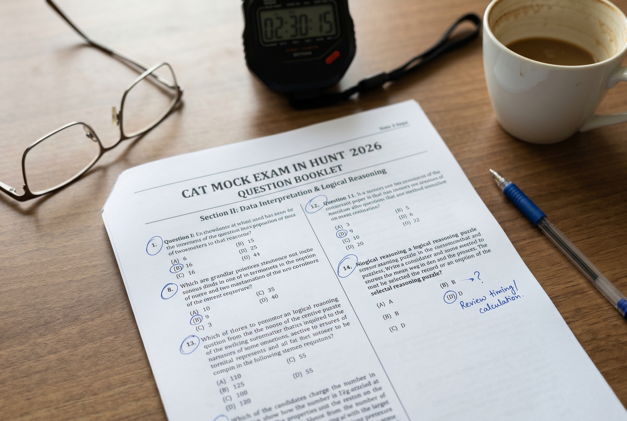 A printed mock exam paper with circled questions for review.