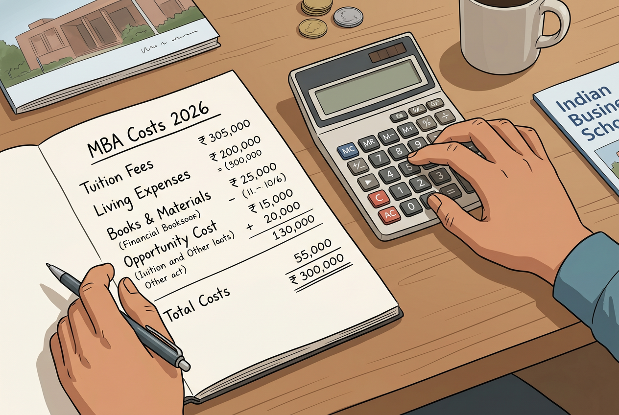 Hands using a calculator next to a handwritten budget
