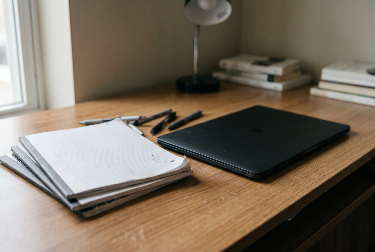A closed laptop and unused notebooks representing abandoned pre-recorded courses.