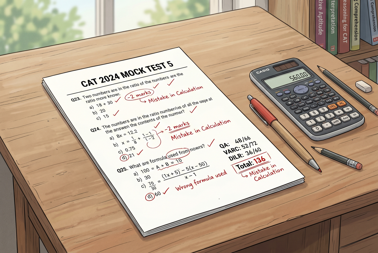 An organized desk with a corrected mock test paper and a calculator.