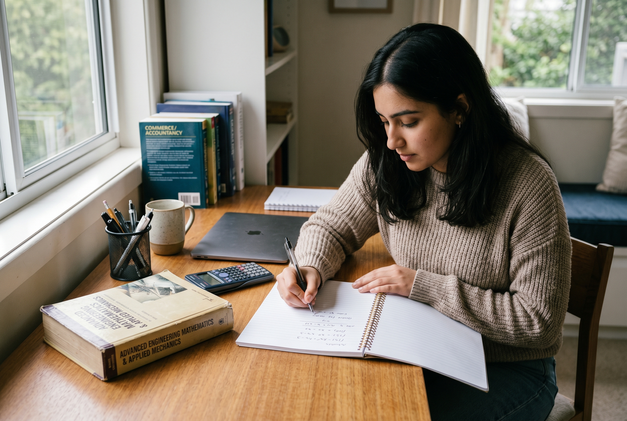 A student writing basic algebra while pushing aside an engineering textbook