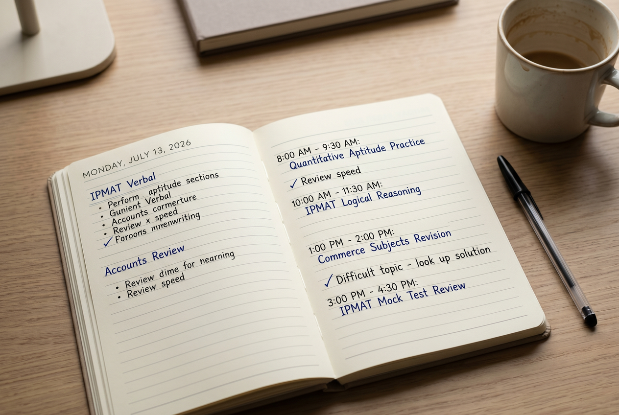 An open daily planner on a desk showing a structured study routine