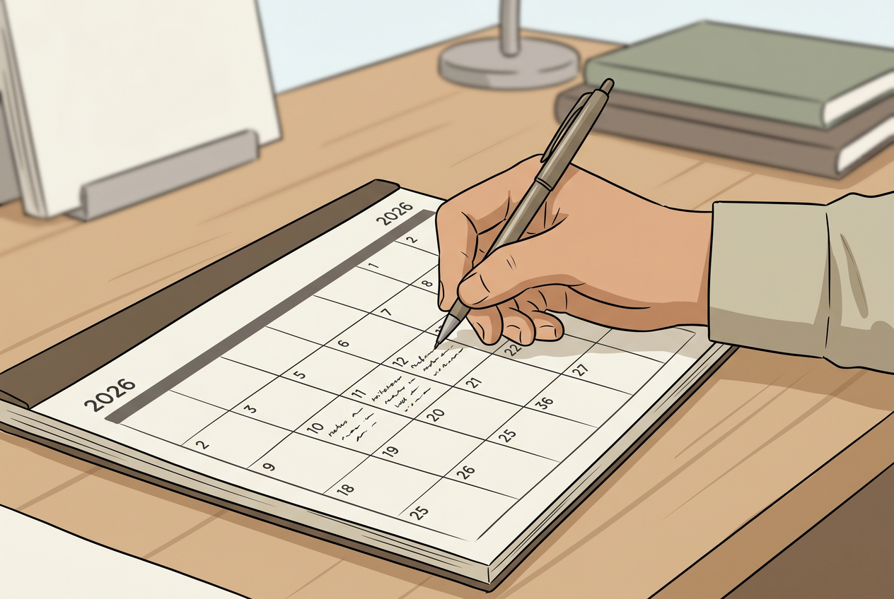 A person writing on a physical desk calendar with a pen.