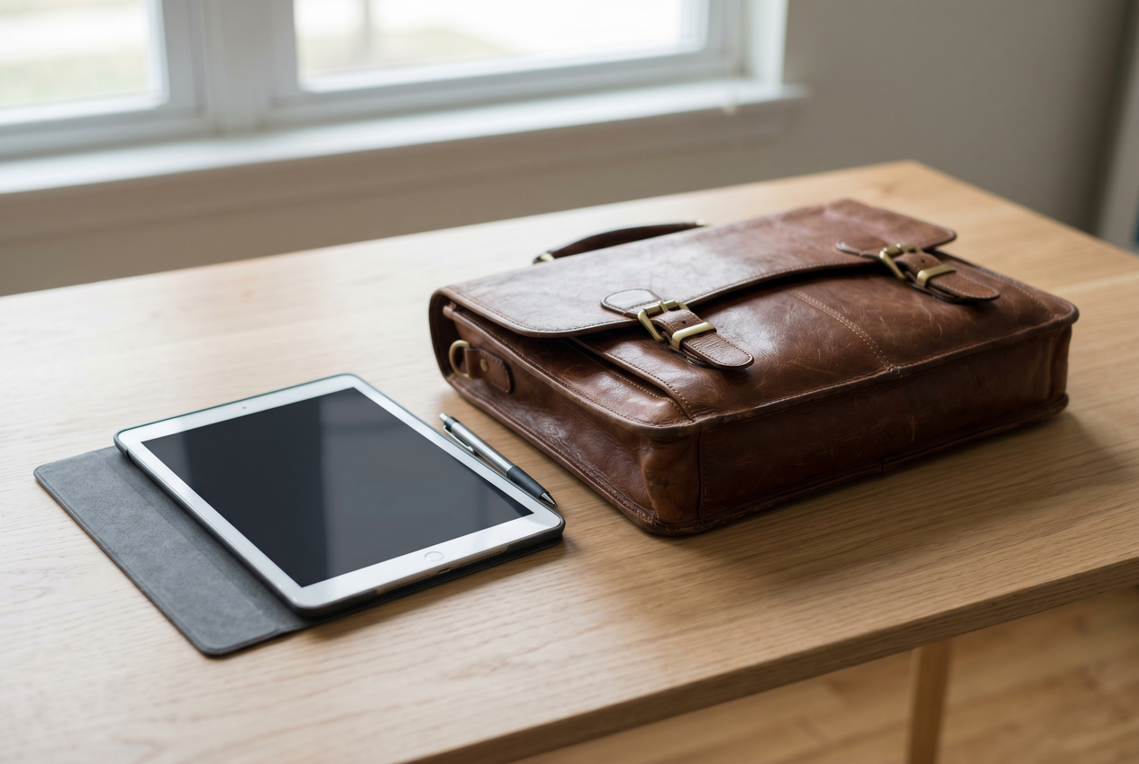 A traditional leather briefcase placed next to a modern digital tablet on a minimalist desk.