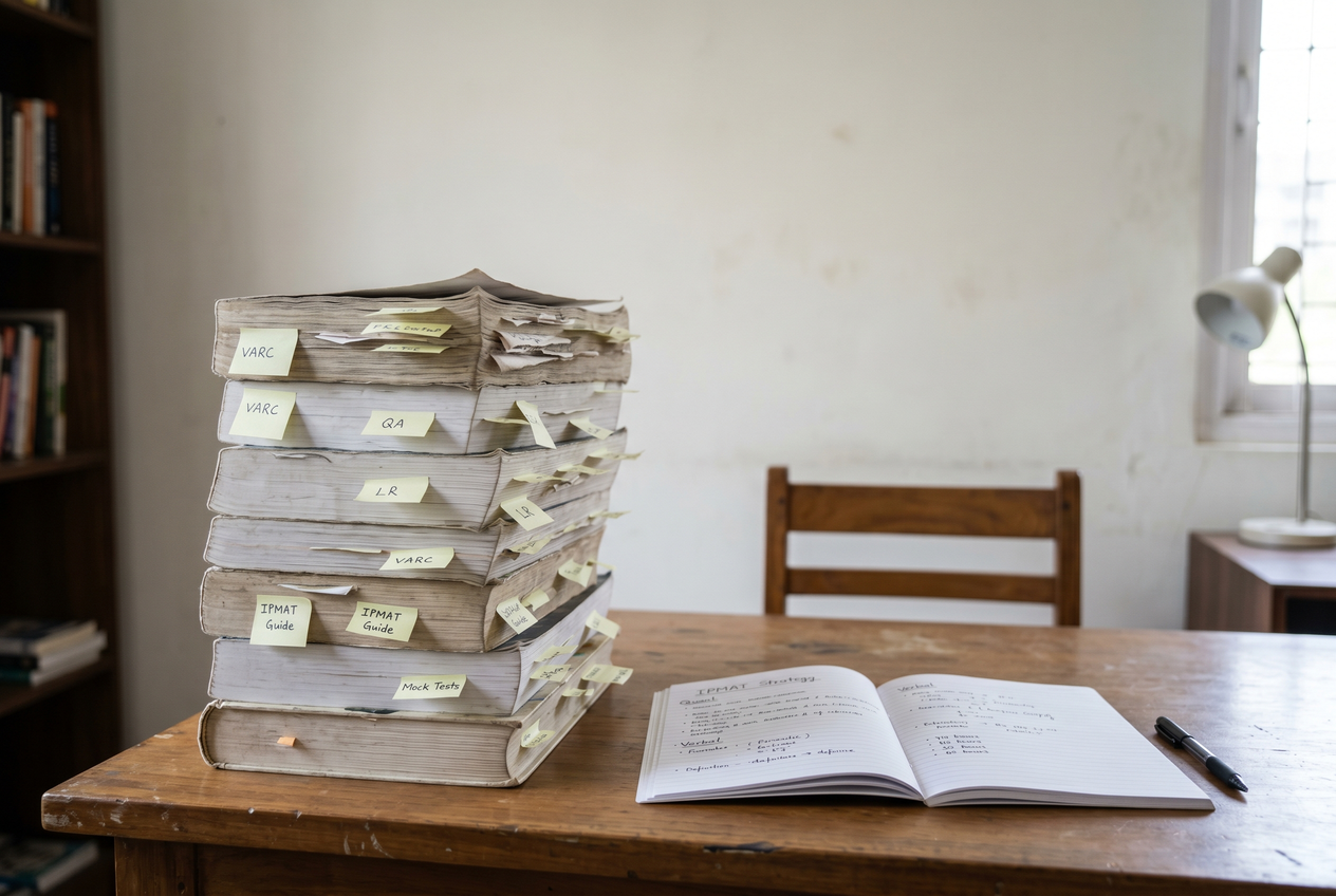A messy stack of thick textbooks next to a single neat notebook