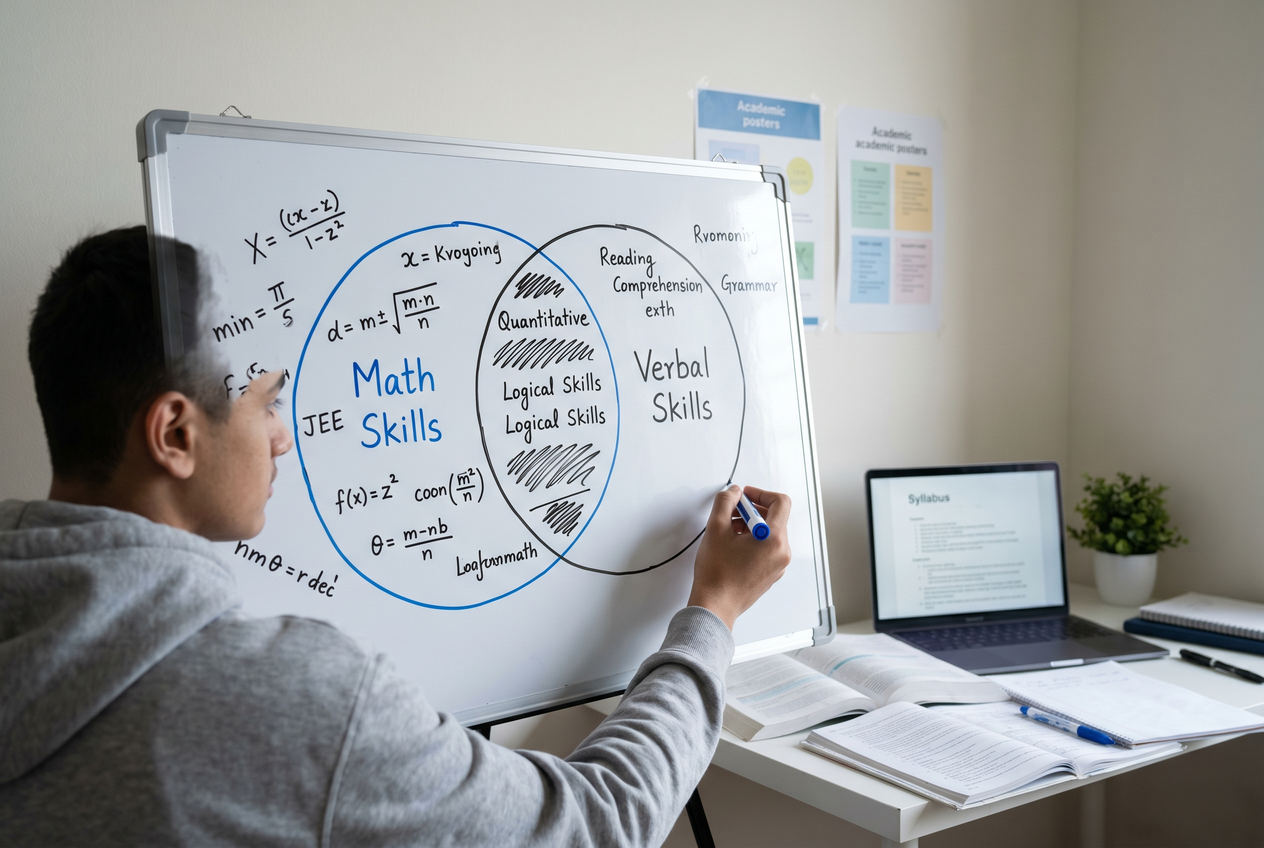 A simple Venn diagram drawn on a whiteboard showing the overlap between math and verbal skills.