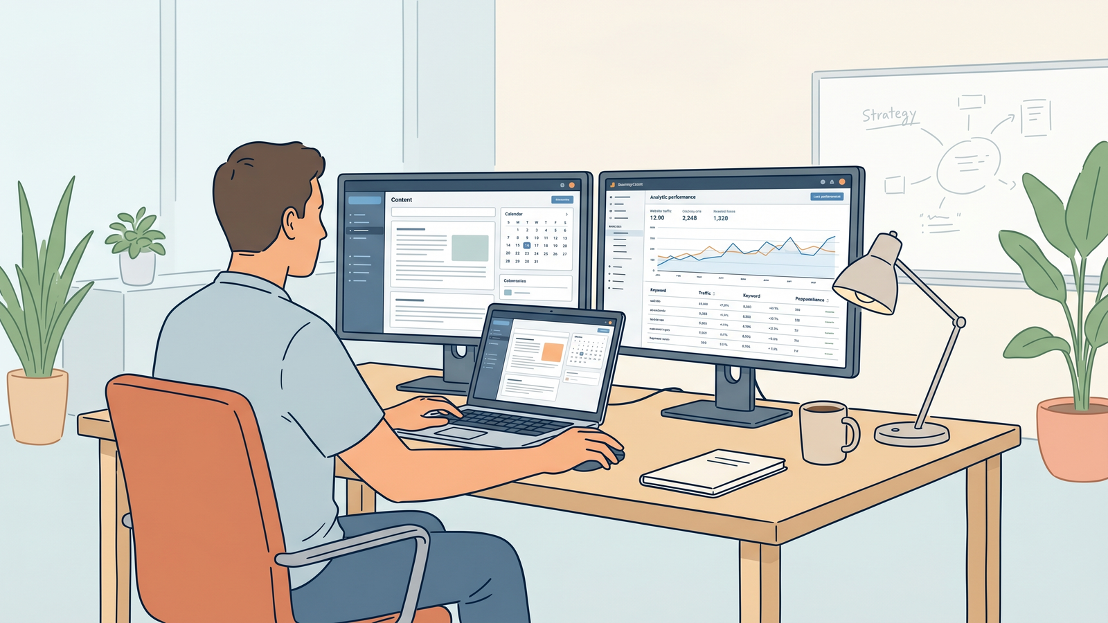 A modern agency workspace showing a dual-monitor setup for content execution and data tracking.