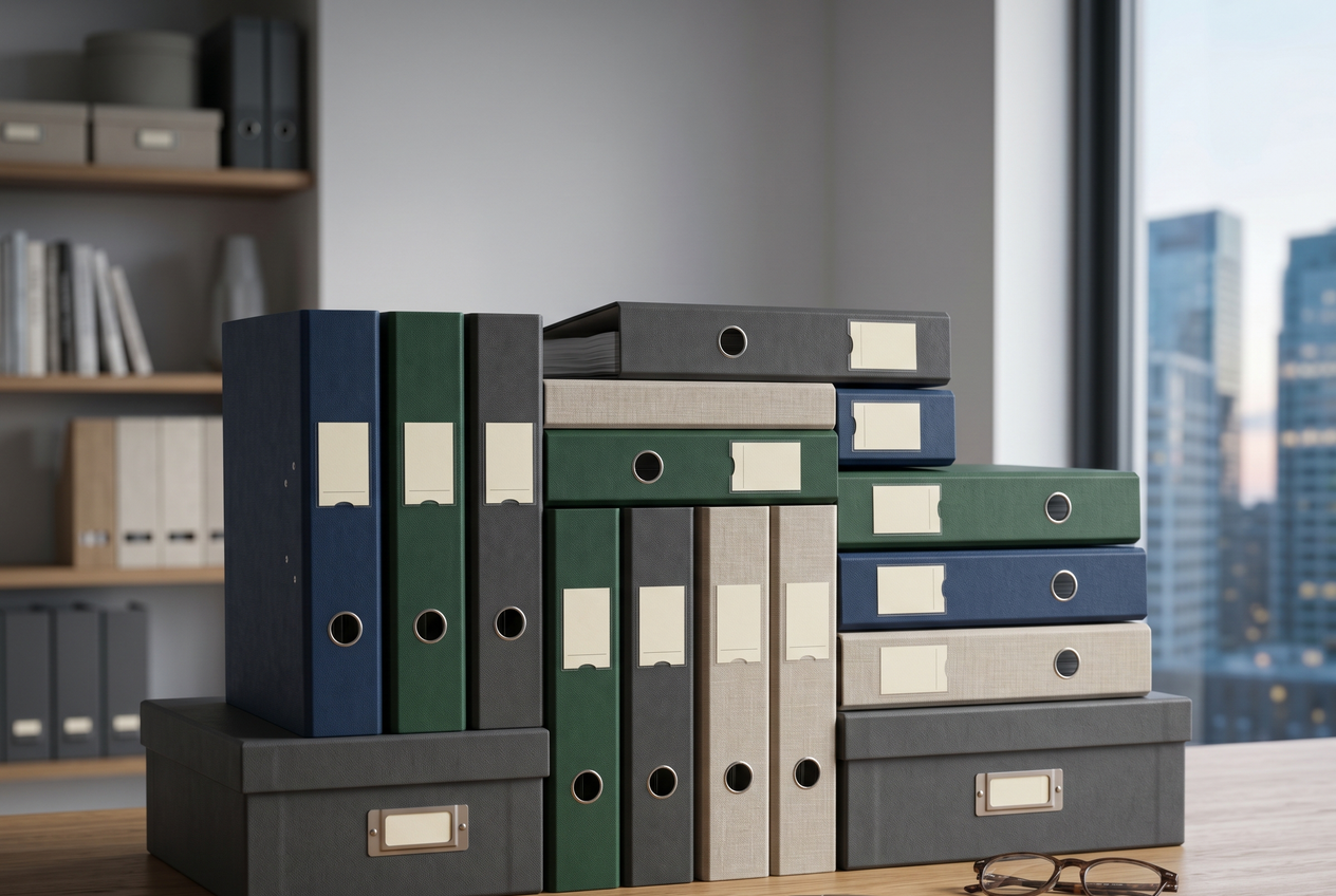 A stack of organized client folders representing multi-account management.