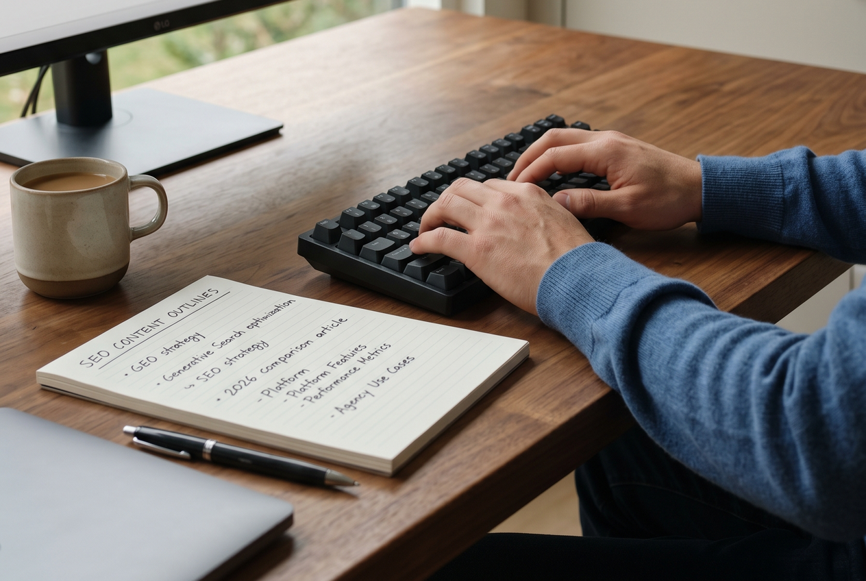 A person typing on a keyboard next to a notepad with content outlines.
