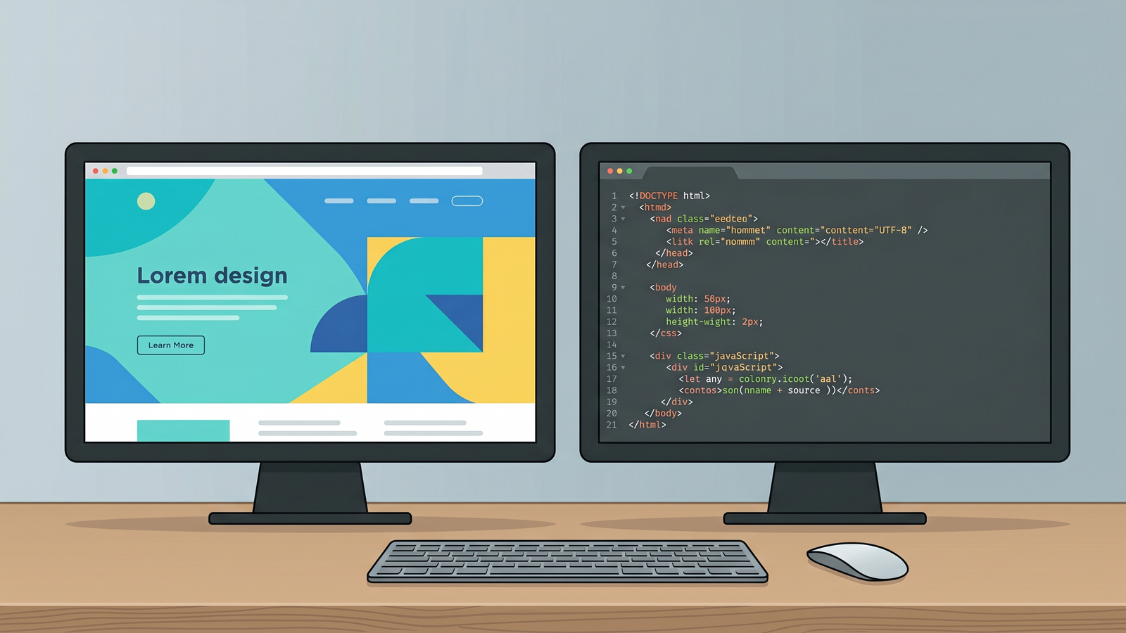 Two computer monitors on a desk, one showing a colorful visual website design and the other showing structured code.