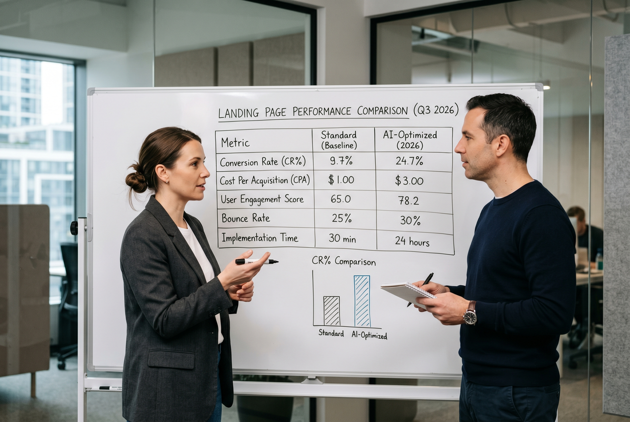 Two professionals reviewing a comparison table drawn on a whiteboard.