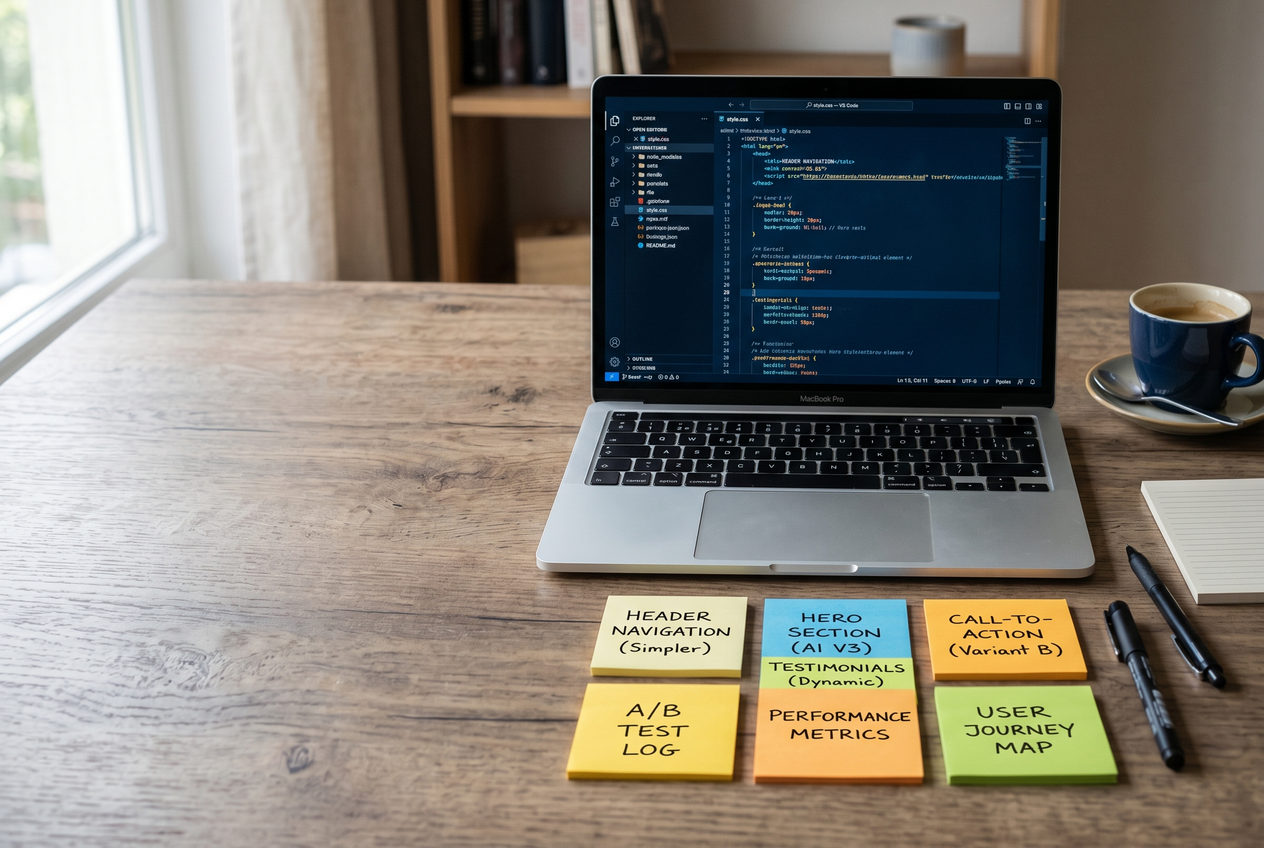 A laptop showing code next to sticky notes mapping out website features.