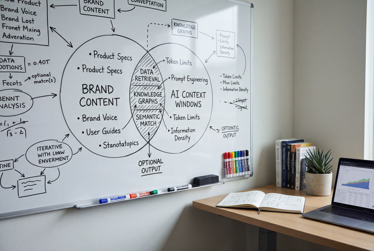 A whiteboard diagram showing the intersection of brand content and AI context windows.