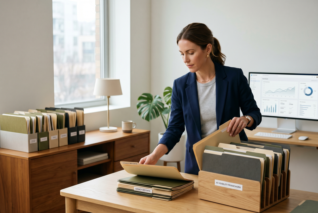A person organizing physical folders to transition from legacy SEO to AI visibility.