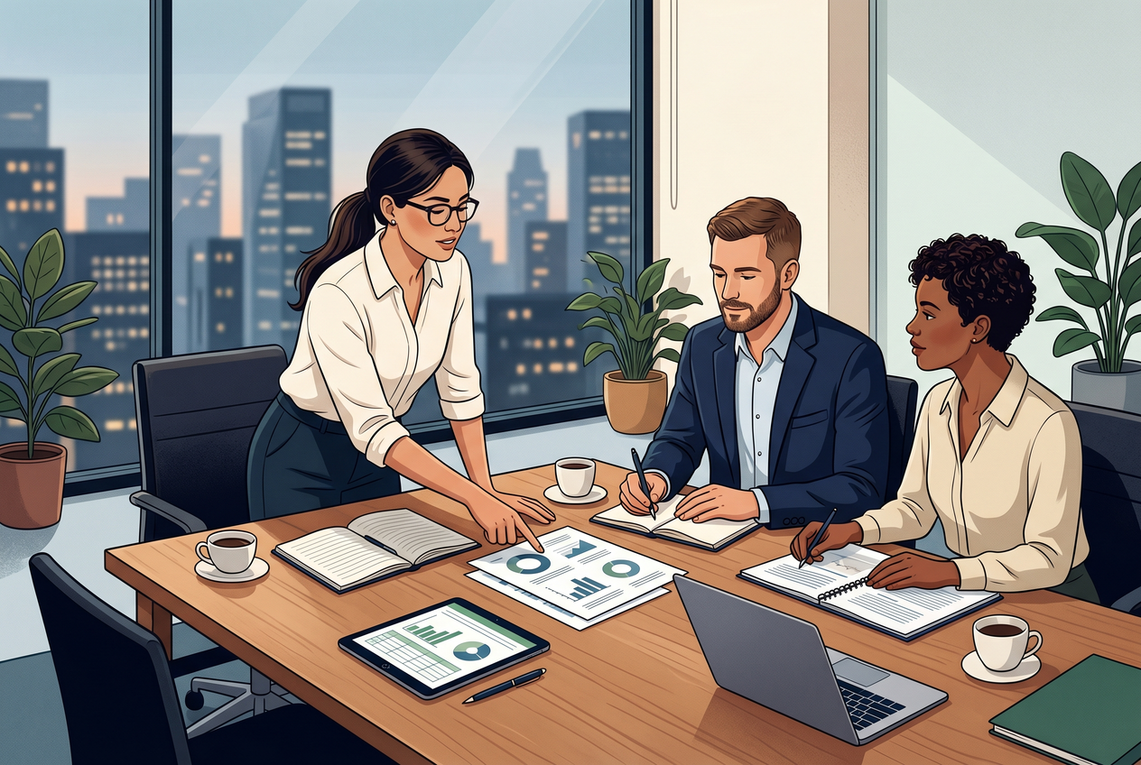 A team of marketing professionals reviewing AI search optimization reports in a conference room.