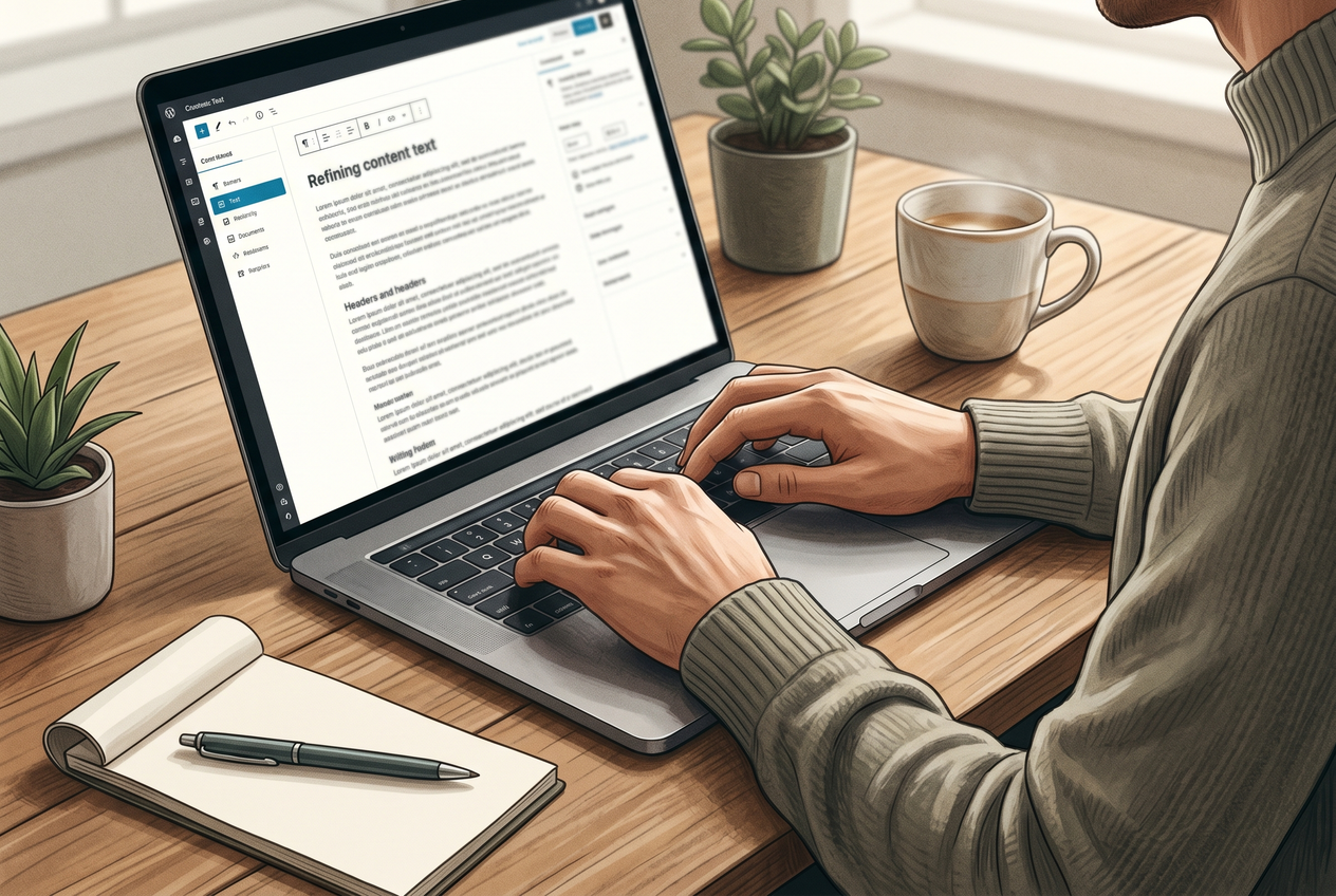 A close-up of a person's hands typing on a laptop, optimizing content for AI platforms.