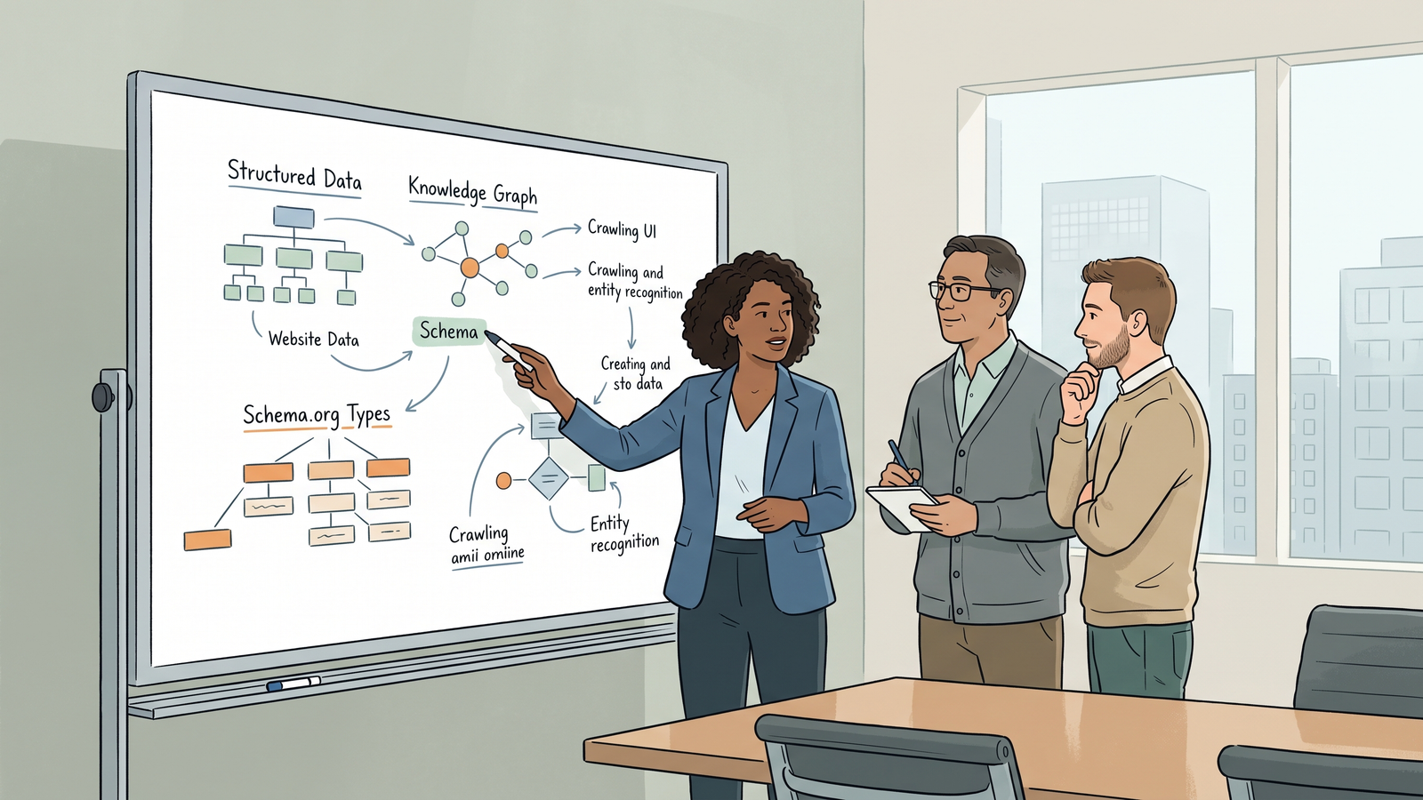 Team of professionals reviewing structured data diagrams on a whiteboard in a corporate conference room