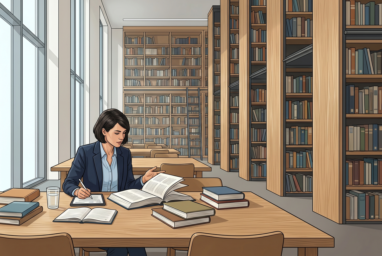 A brightly lit, modern library archive representing structured information and authoritative citations