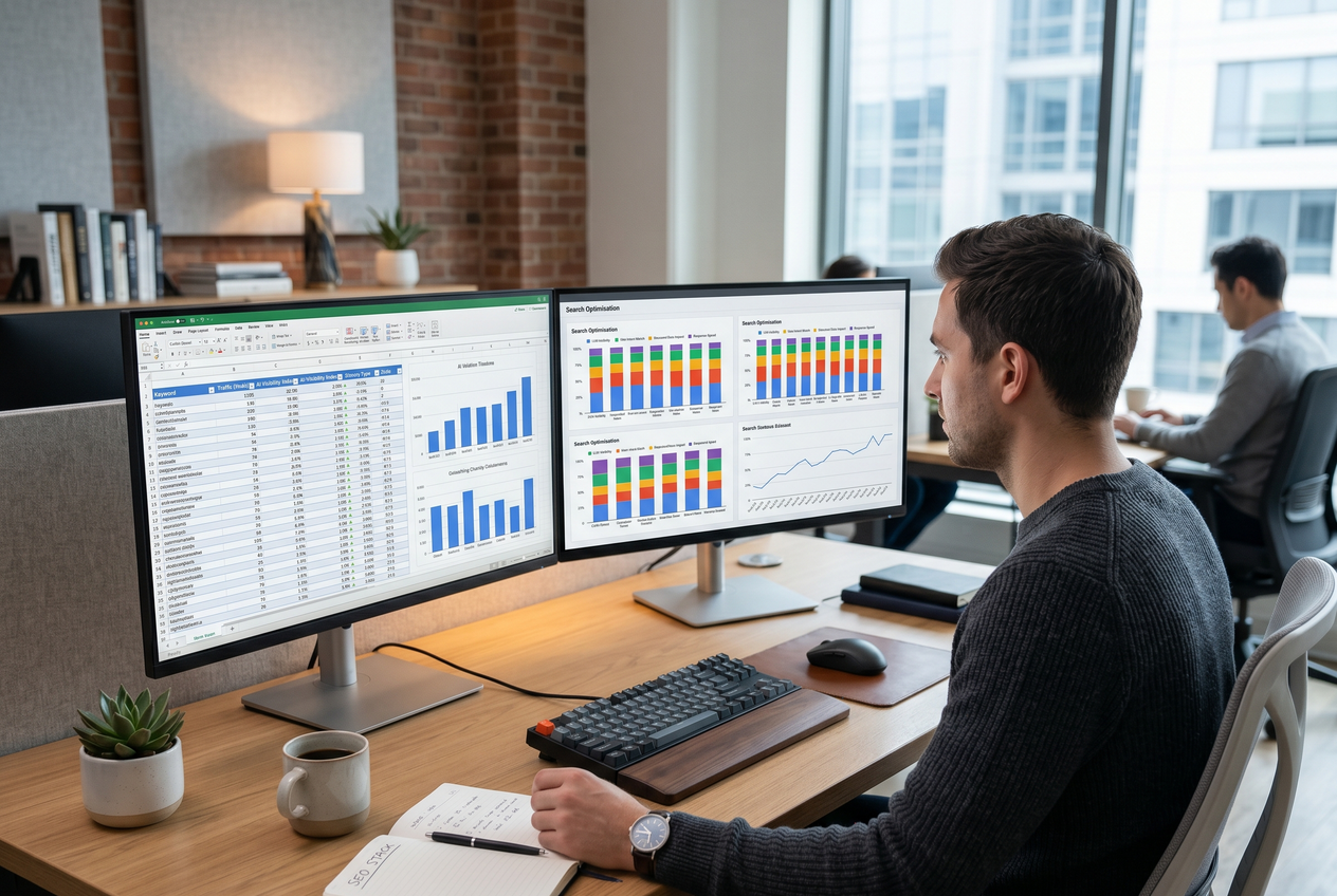 A premium office workspace featuring a dual-monitor setup displaying simple bar charts and spreadsheet data