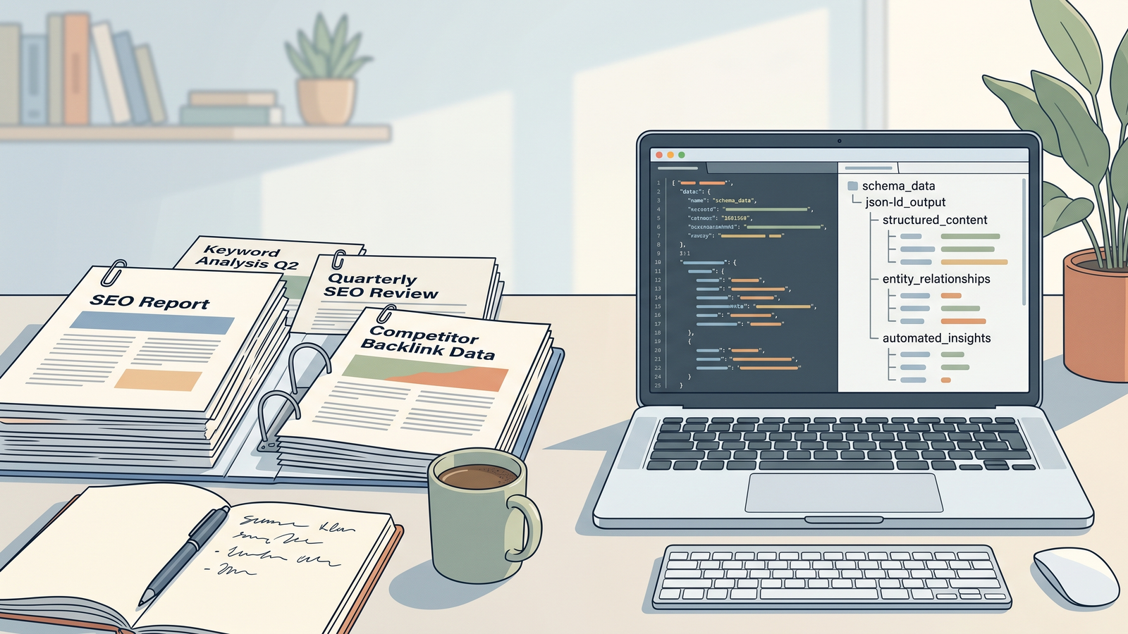 A modern marketing workspace showing a comparison between traditional printed reports and digital structured data.