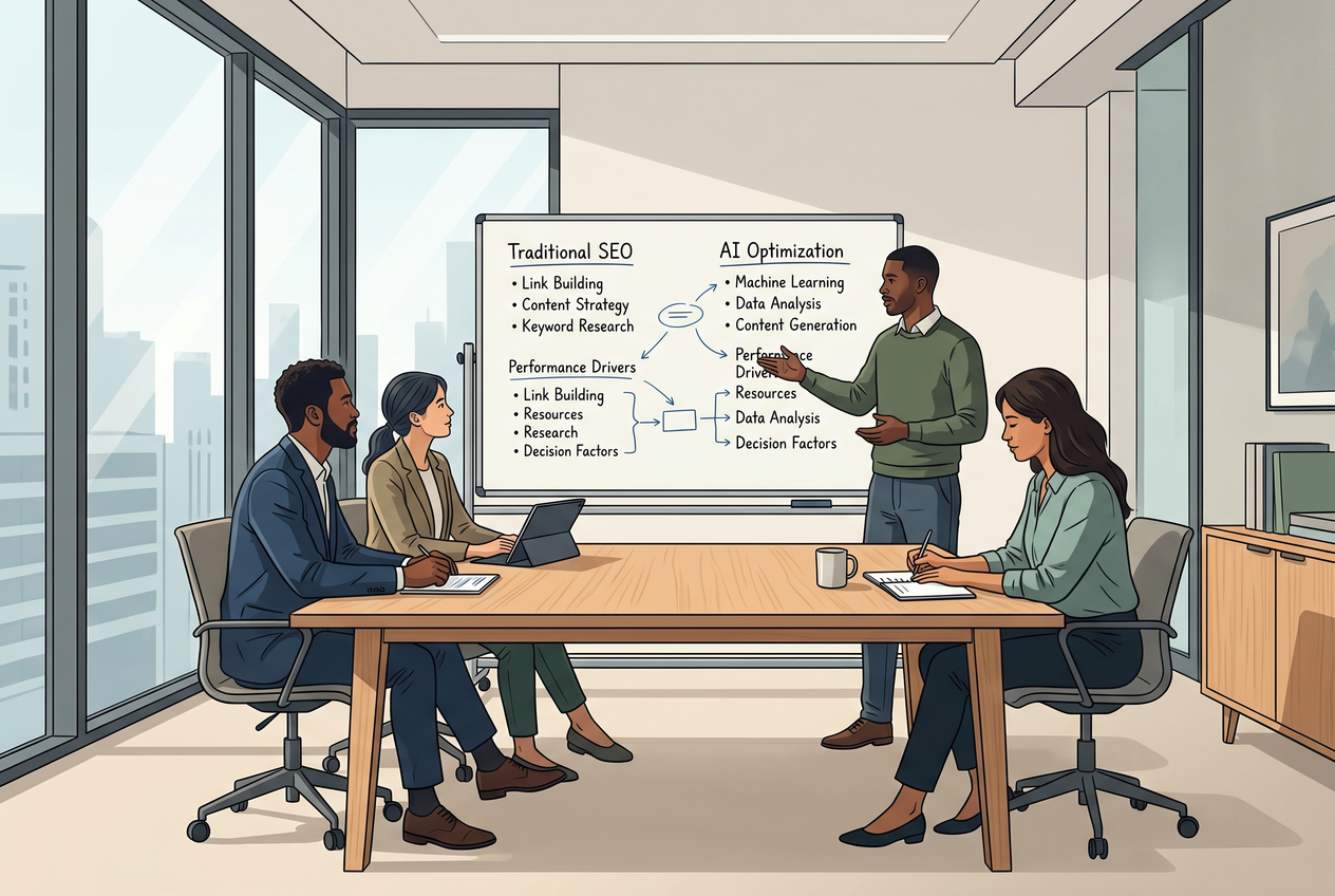 A professional meeting room where a team discusses optimization strategies on a whiteboard.