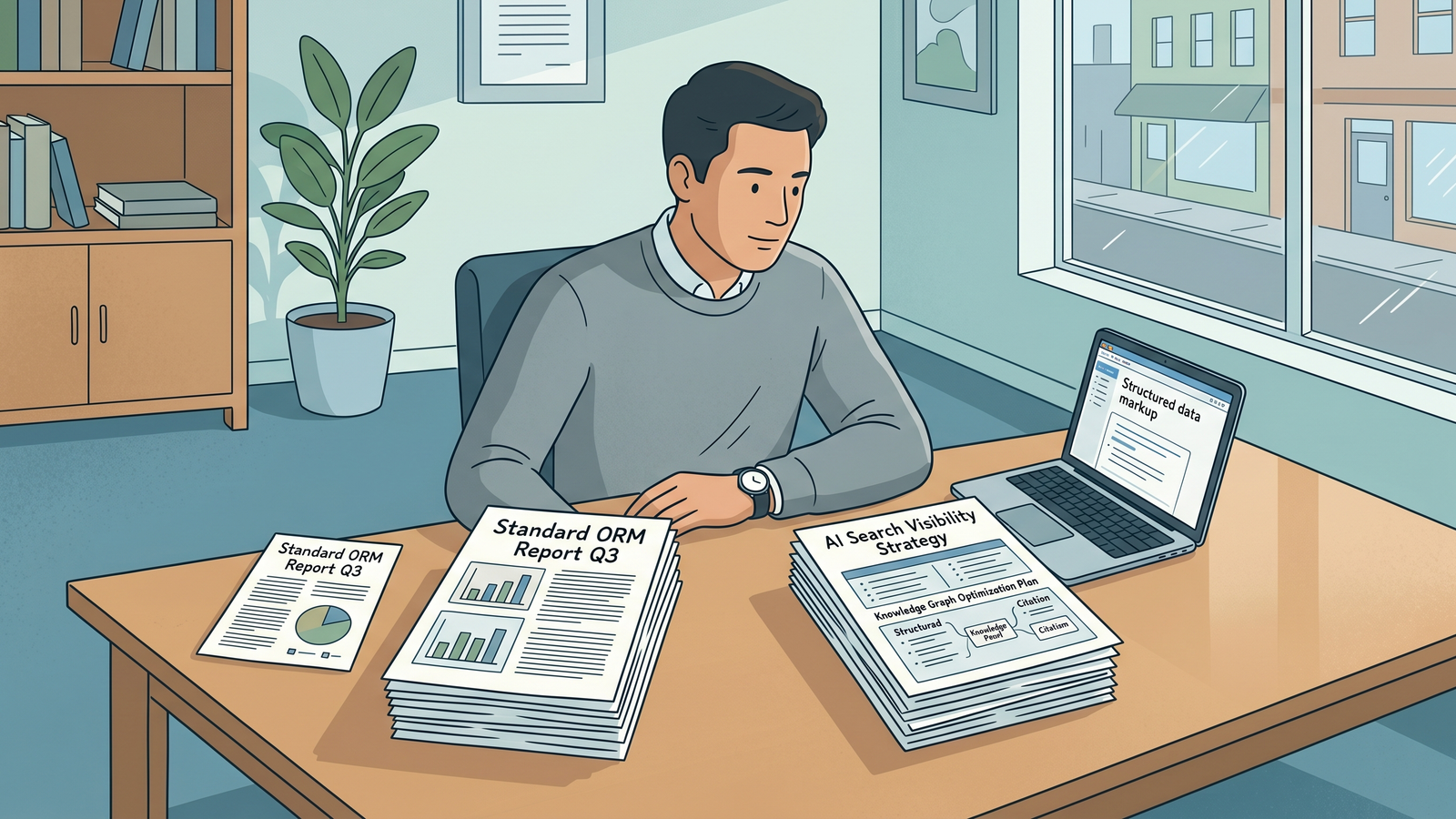 A professional workspace showing a comparison between traditional PR reports and AI search optimization documents.