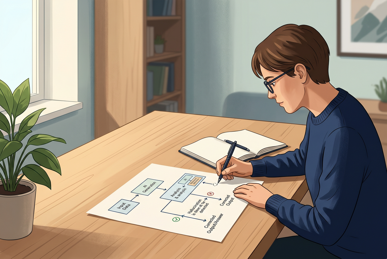 A simple diagram showing the workflow of detecting and correcting AI hallucinations.
