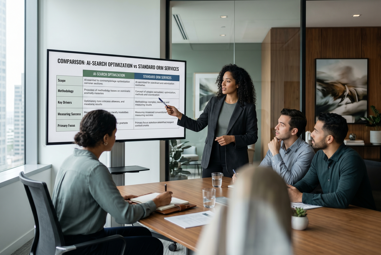 A professional meeting room where a team is reviewing search everywhere optimization strategies.