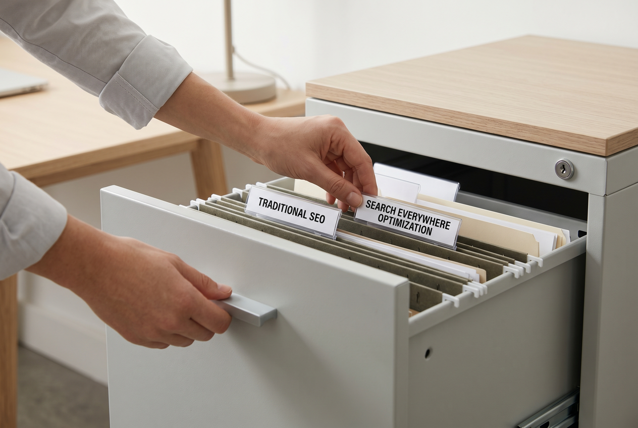 Hands organizing neatly labeled folders in a modern filing cabinet