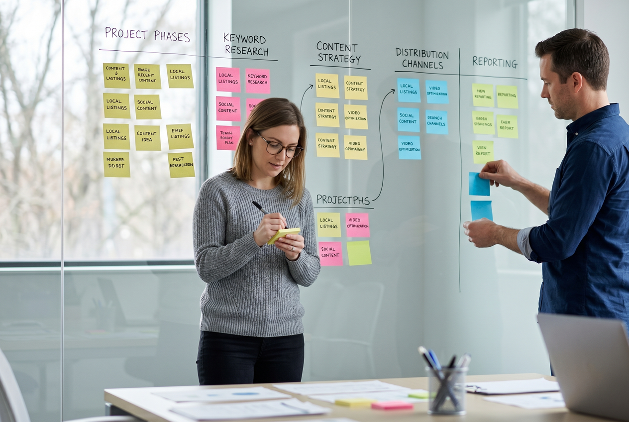 Two professionals organizing a workflow with sticky notes on a glass whiteboard