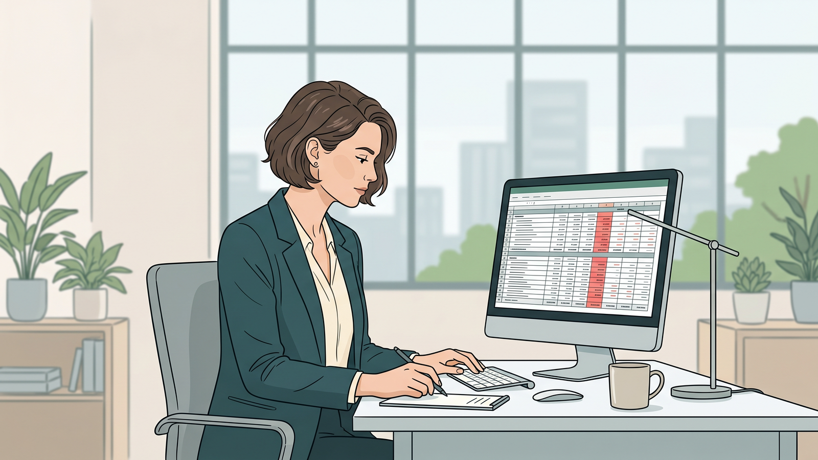 A marketing director reviewing a budget spreadsheet at a modern office desk.