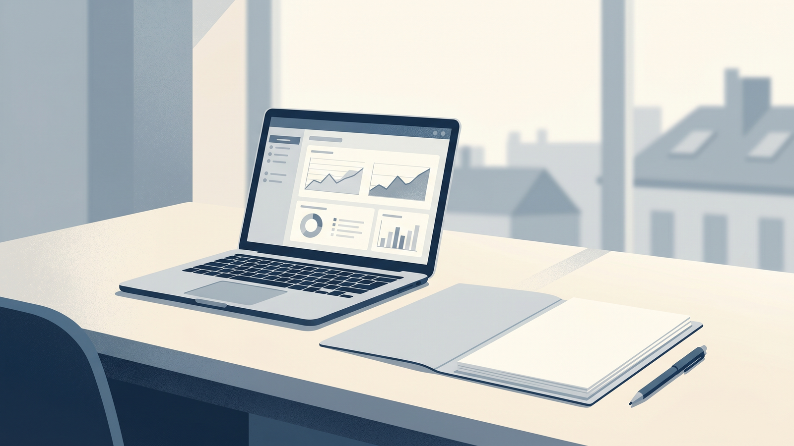 A modern office desk with a laptop and a blank report