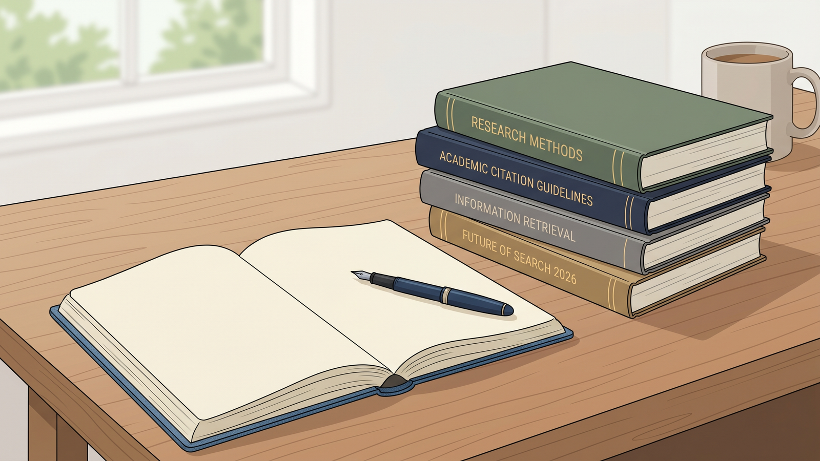 A neatly organized desk with an open notebook, a pen, and a stack of thick reference books.