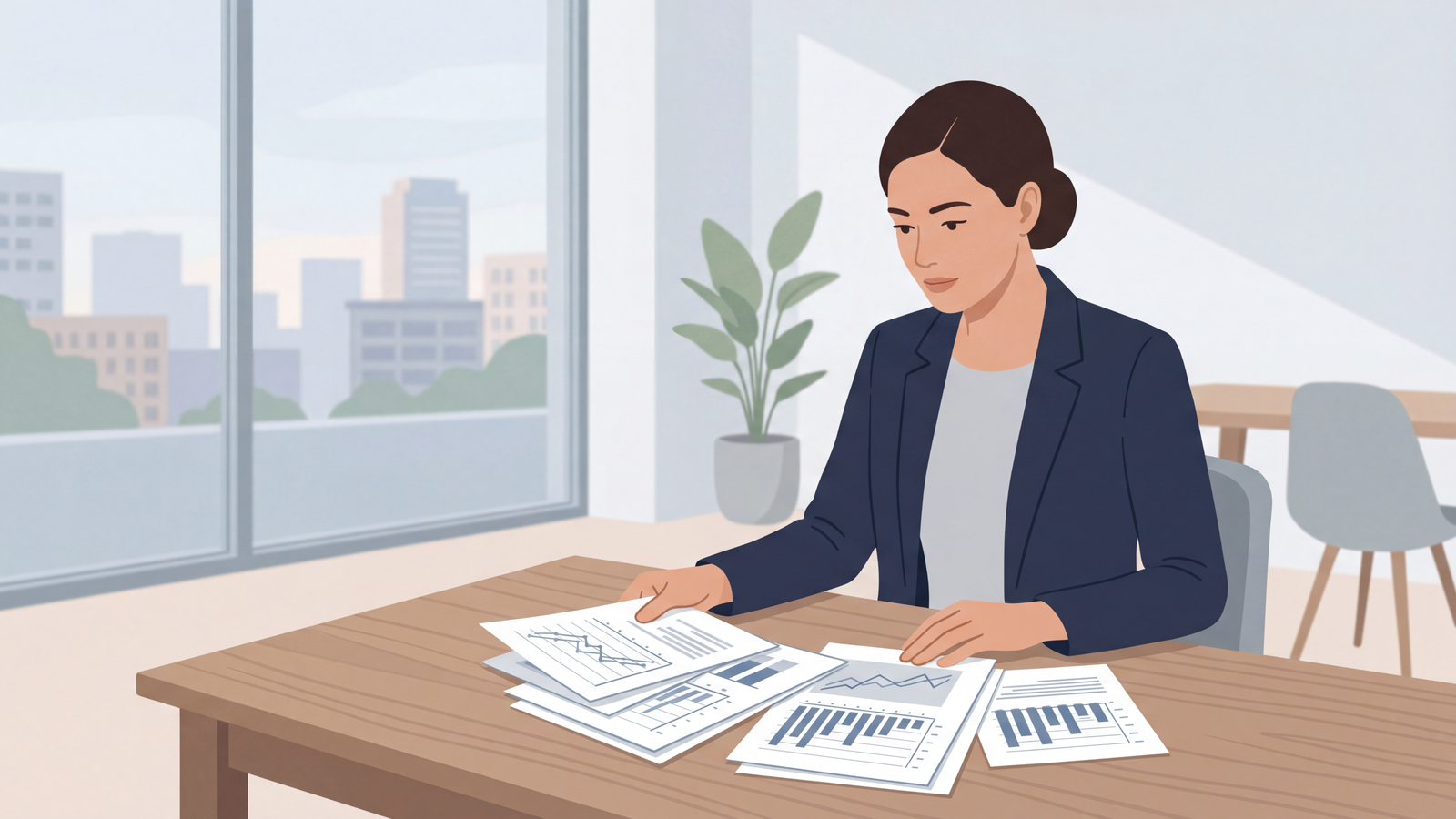 A professional reviewing printed data charts at a modern office desk.