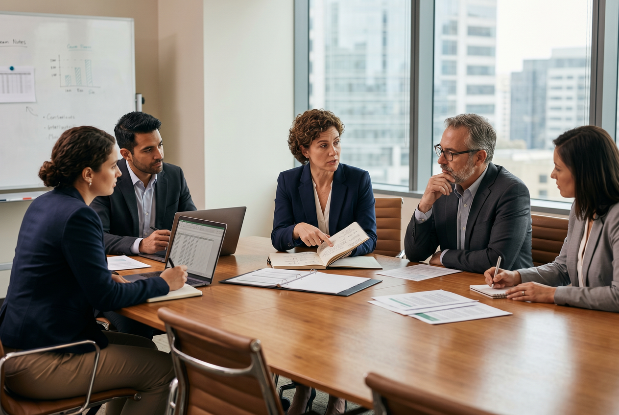 A team of professionals discussing strategy around a meeting table.
