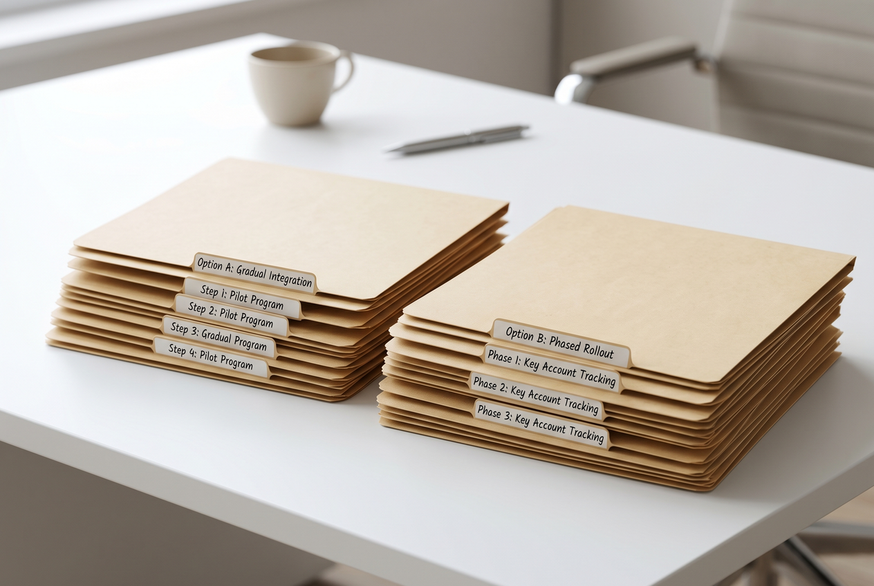 Two stacks of manila folders on a white desk representing different options.