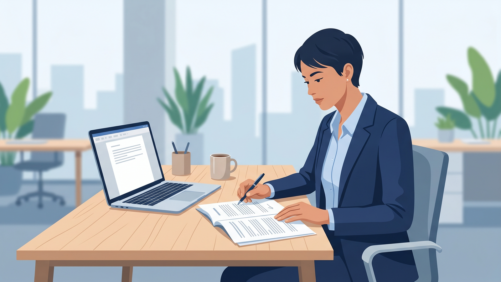 A professional reviewing a printed contract next to an open laptop on a modern desk