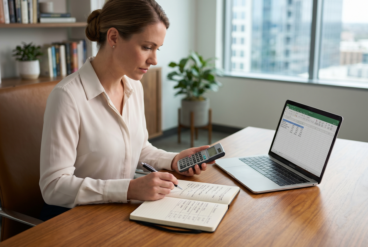 A person using a calculator next to a notepad and laptop