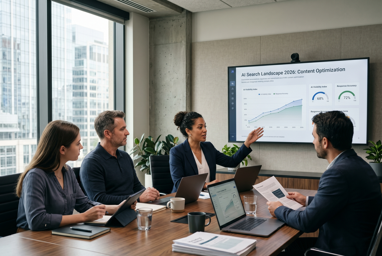 A marketing team discussing AI search strategy in a conference room.