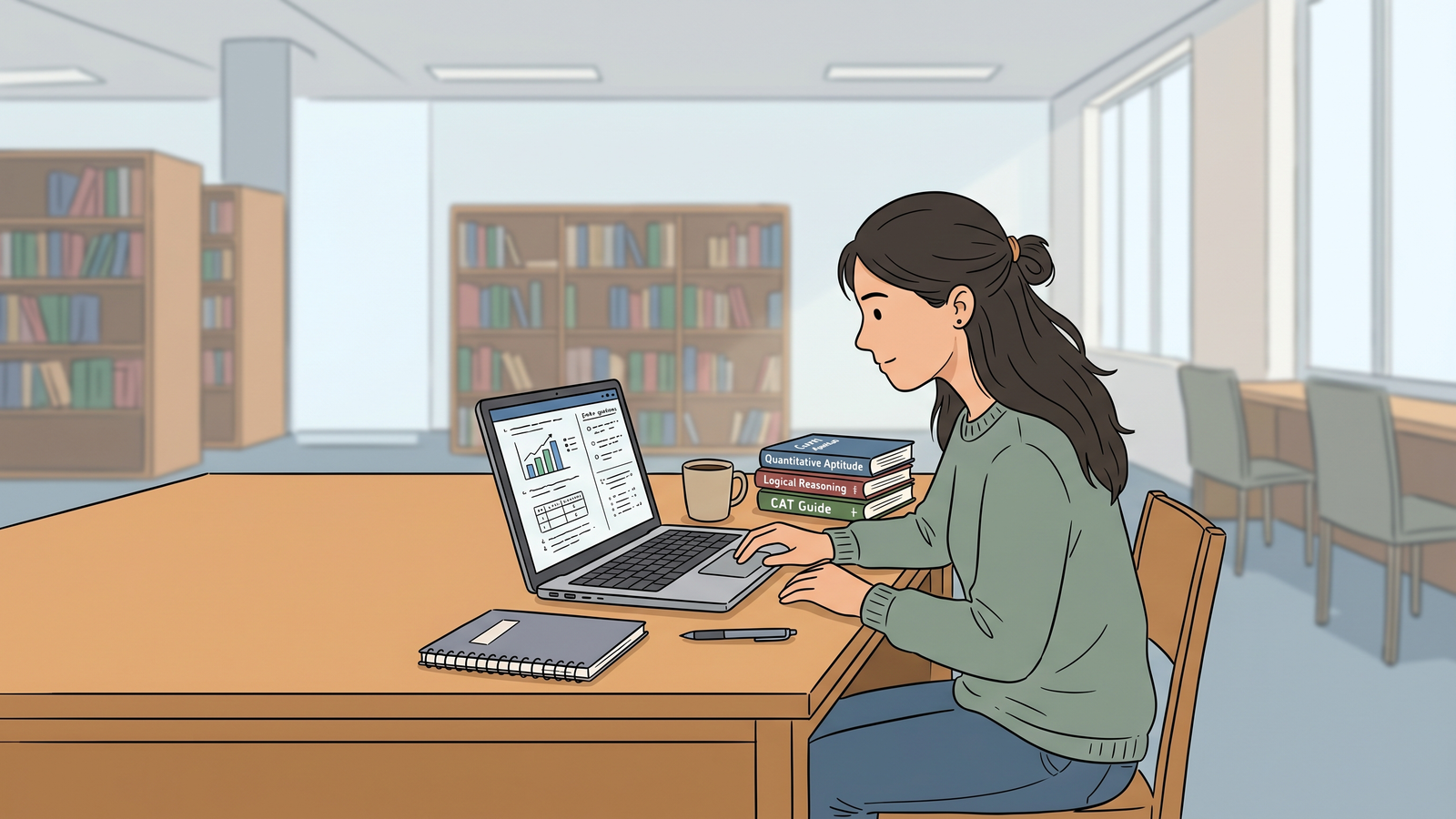 A college student studying from a laptop at a library desk with textbooks.