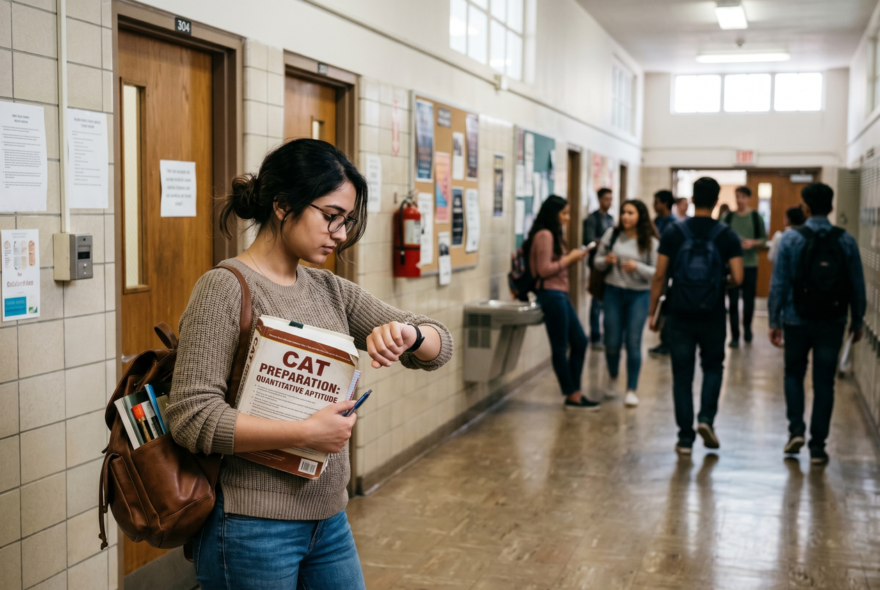 Find small gaps between college classes for quick revision sessions. A student checking a watch while holding a textbook in a college hallway.