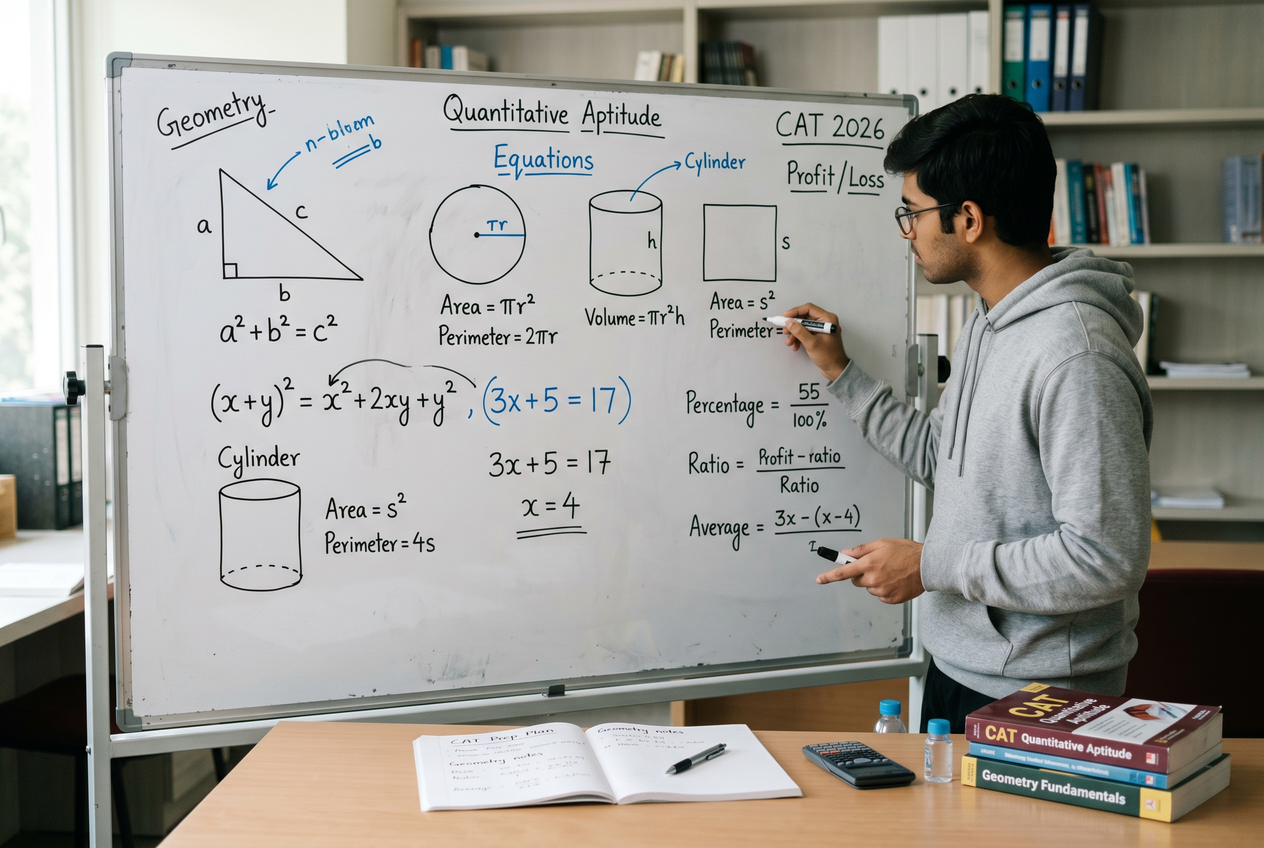 First-principles thinking breaks down complex Quant problems into foundational concepts. A whiteboard with basic geometry shapes and simple math equations.