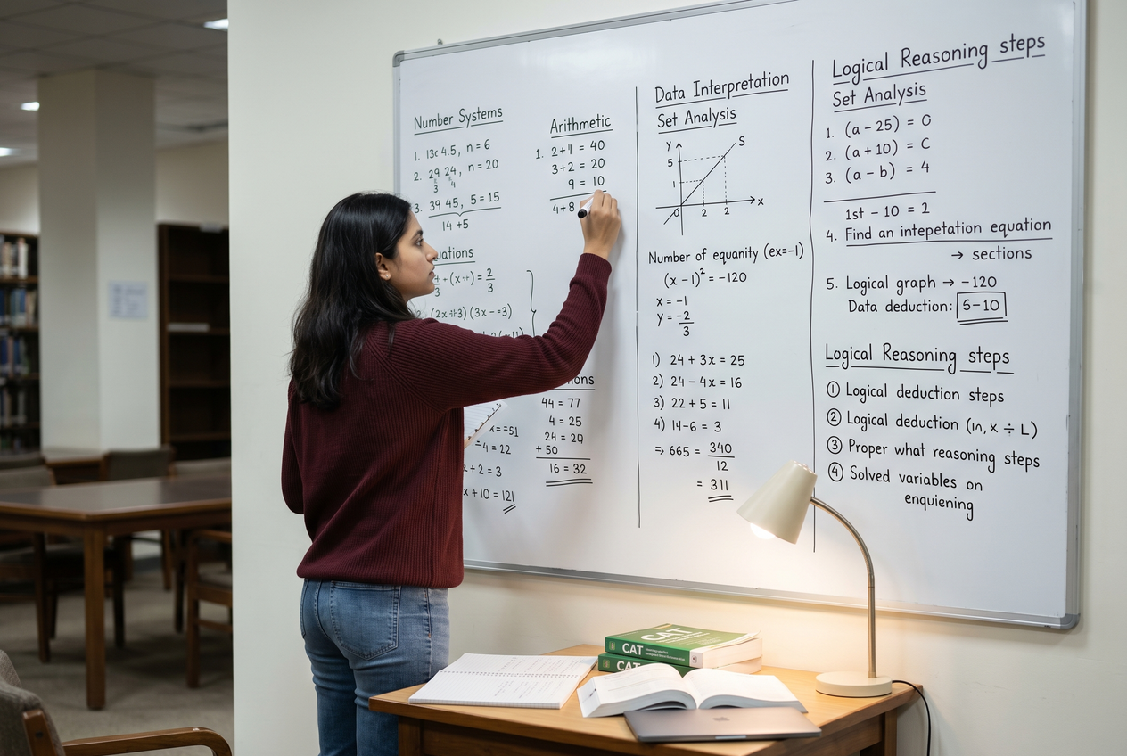 A student solving quantitative problems on a whiteboard.