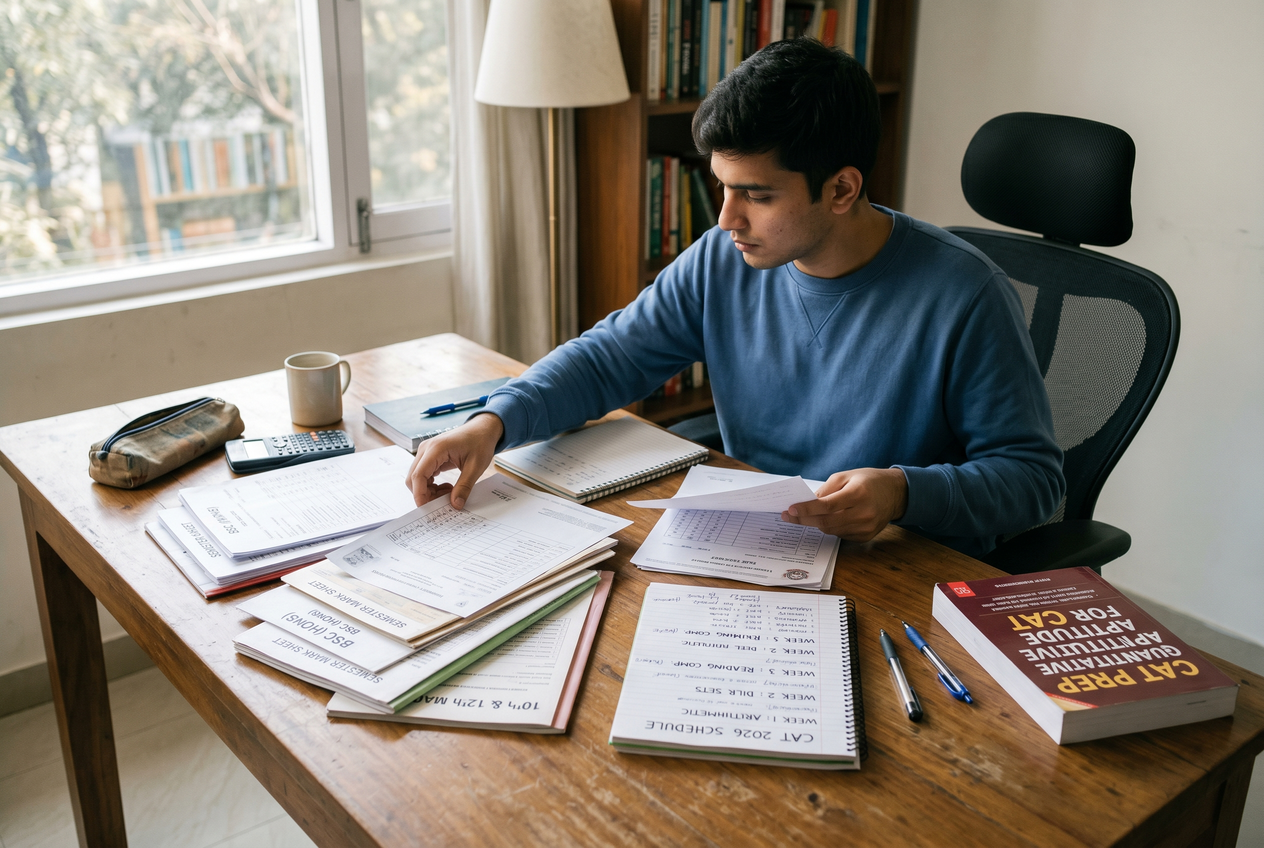 A person organizing academic transcripts and study schedules on a table.