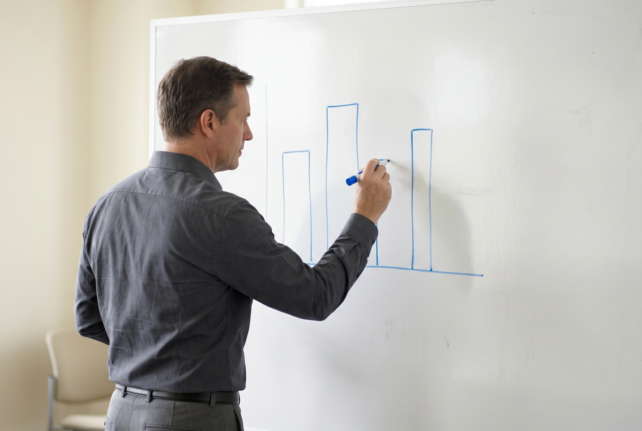 A person drawing a simple bar chart on a whiteboard