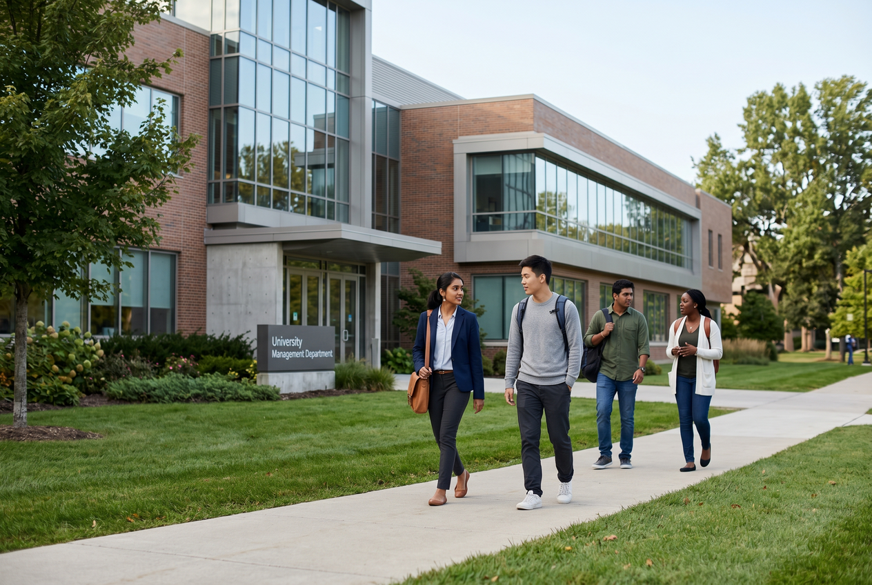 Students walking outside a modern university campus building