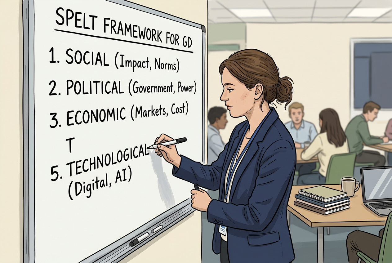 A student writing the SPELT framework categories on a whiteboard.